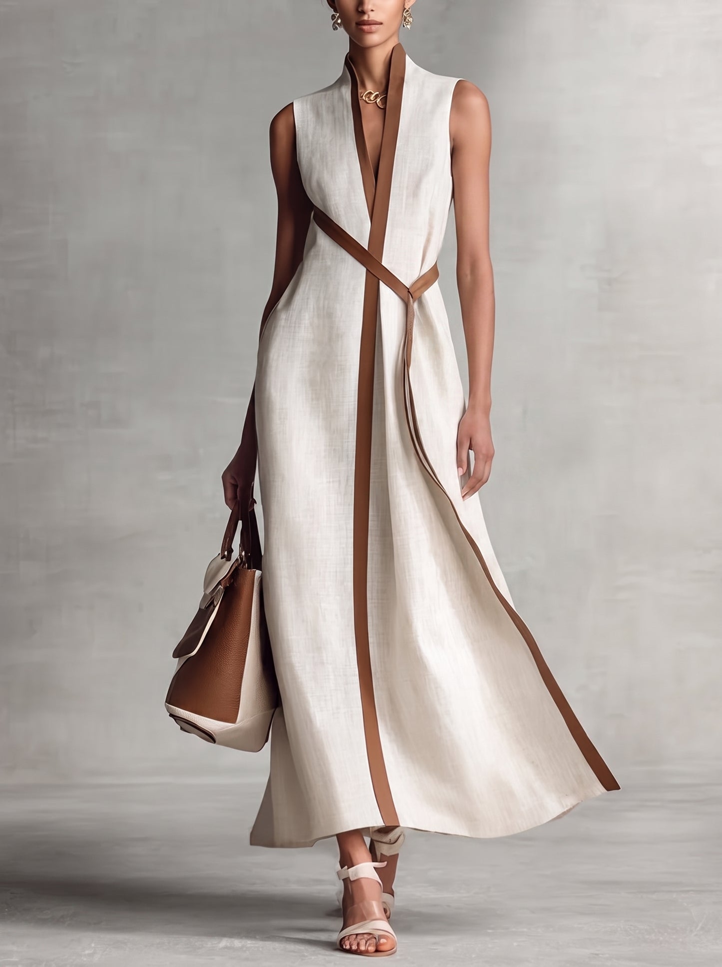 Women's Sleeveless Maxi Dress with V-Neck, Contrast Trim and A-Line Silhouette