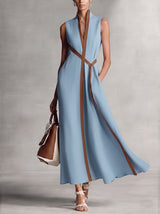 Women's Sleeveless Maxi Dress with V-Neck, Contrast Trim and A-Line Silhouette