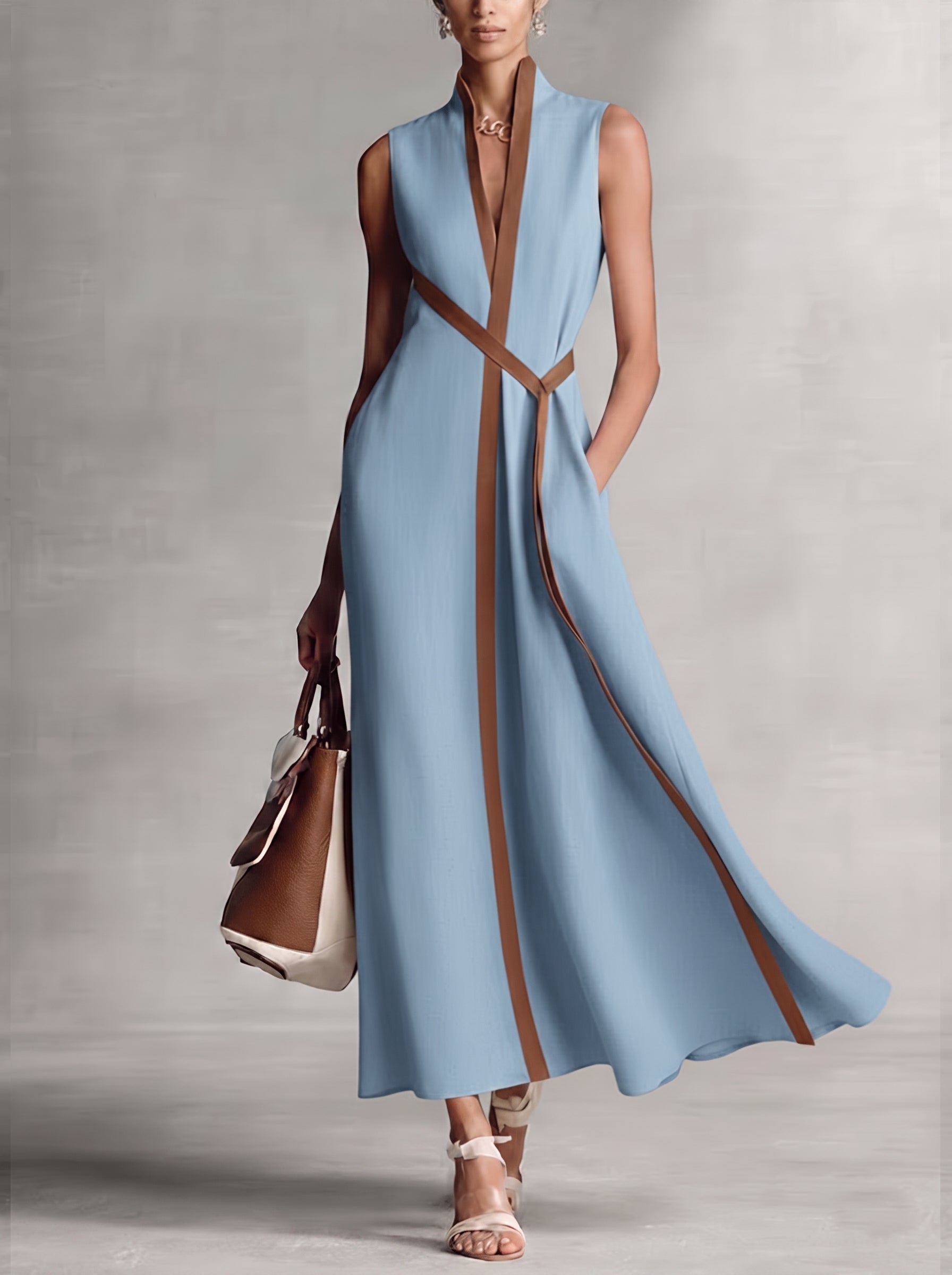 Women's Sleeveless Maxi Dress with V-Neck, Contrast Trim and A-Line Silhouette
