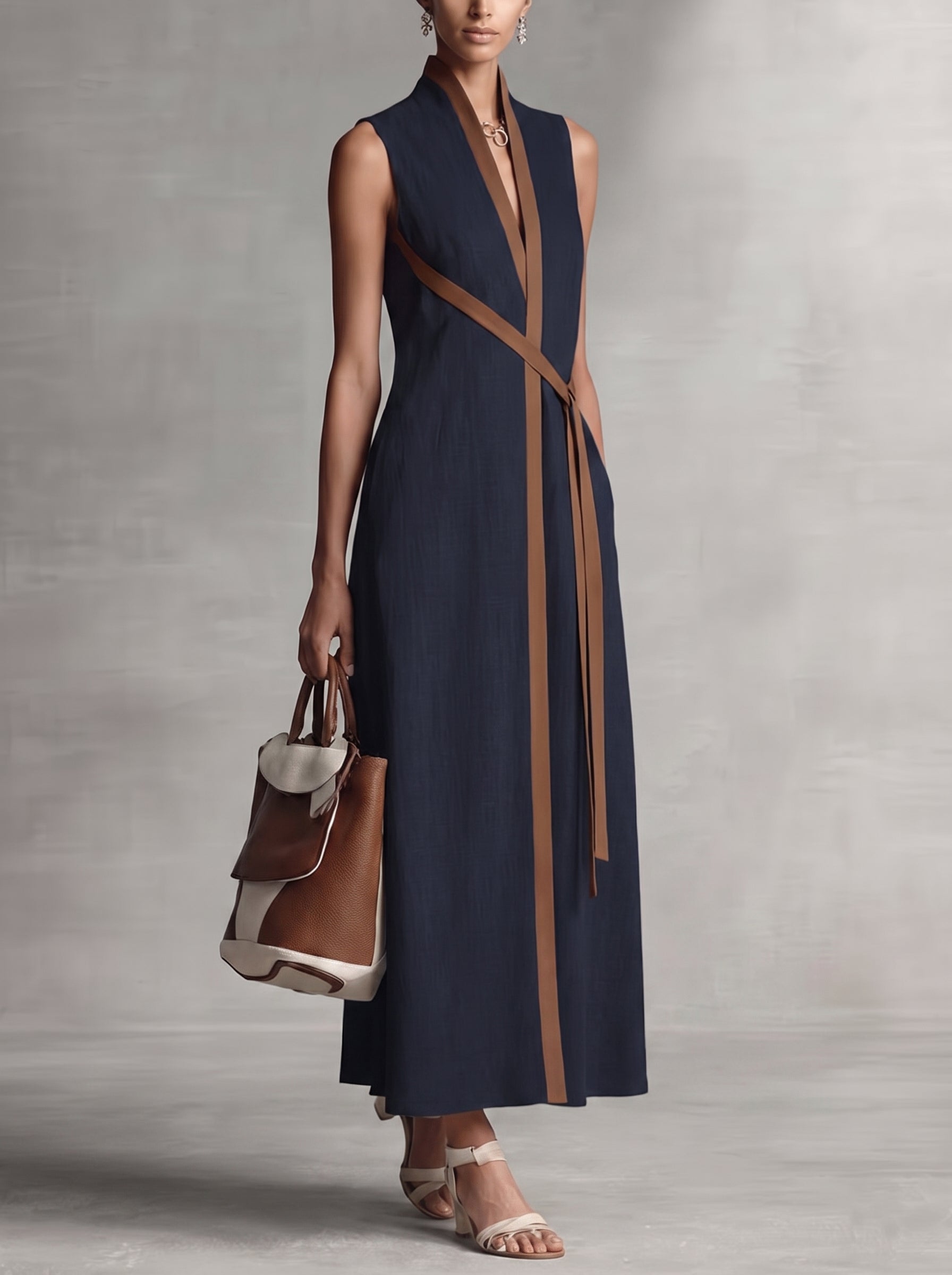 Women's Sleeveless Maxi Dress with V-Neck, Contrast Trim and A-Line Silhouette