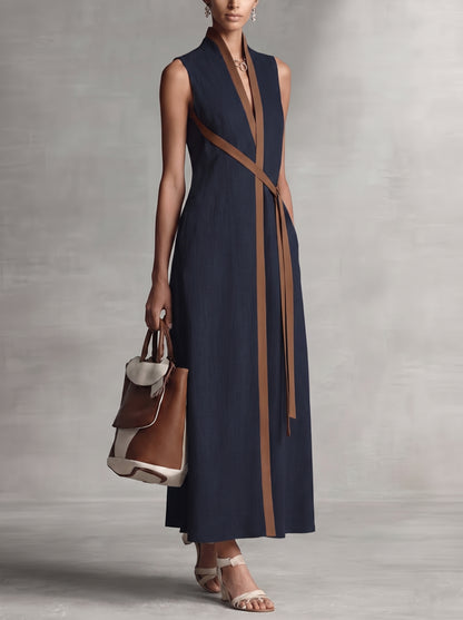 Women's Sleeveless Maxi Dress with V-Neck, Contrast Trim and A-Line Silhouette