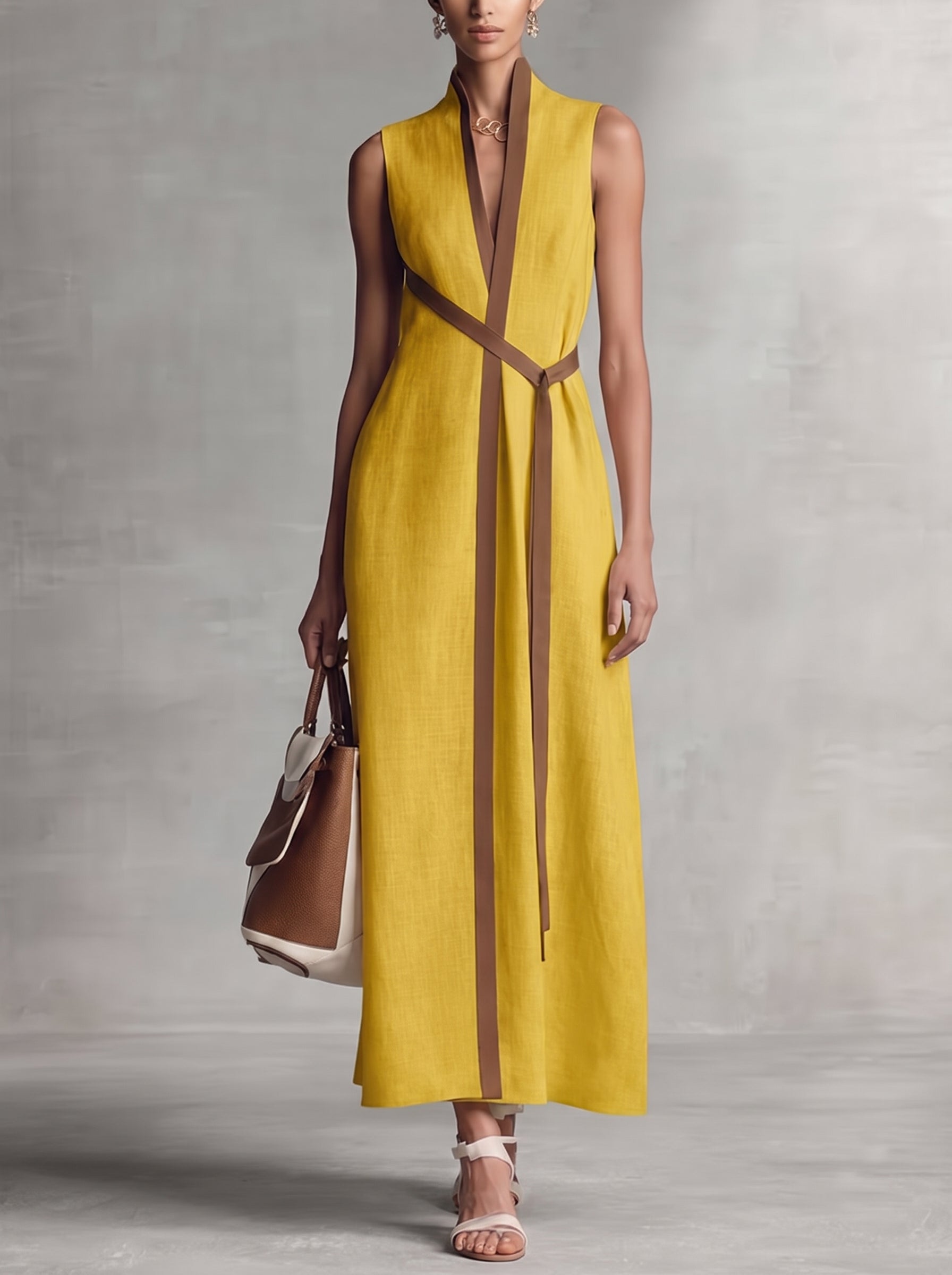 Women's Sleeveless Maxi Dress with V-Neck, Contrast Trim and A-Line Silhouette