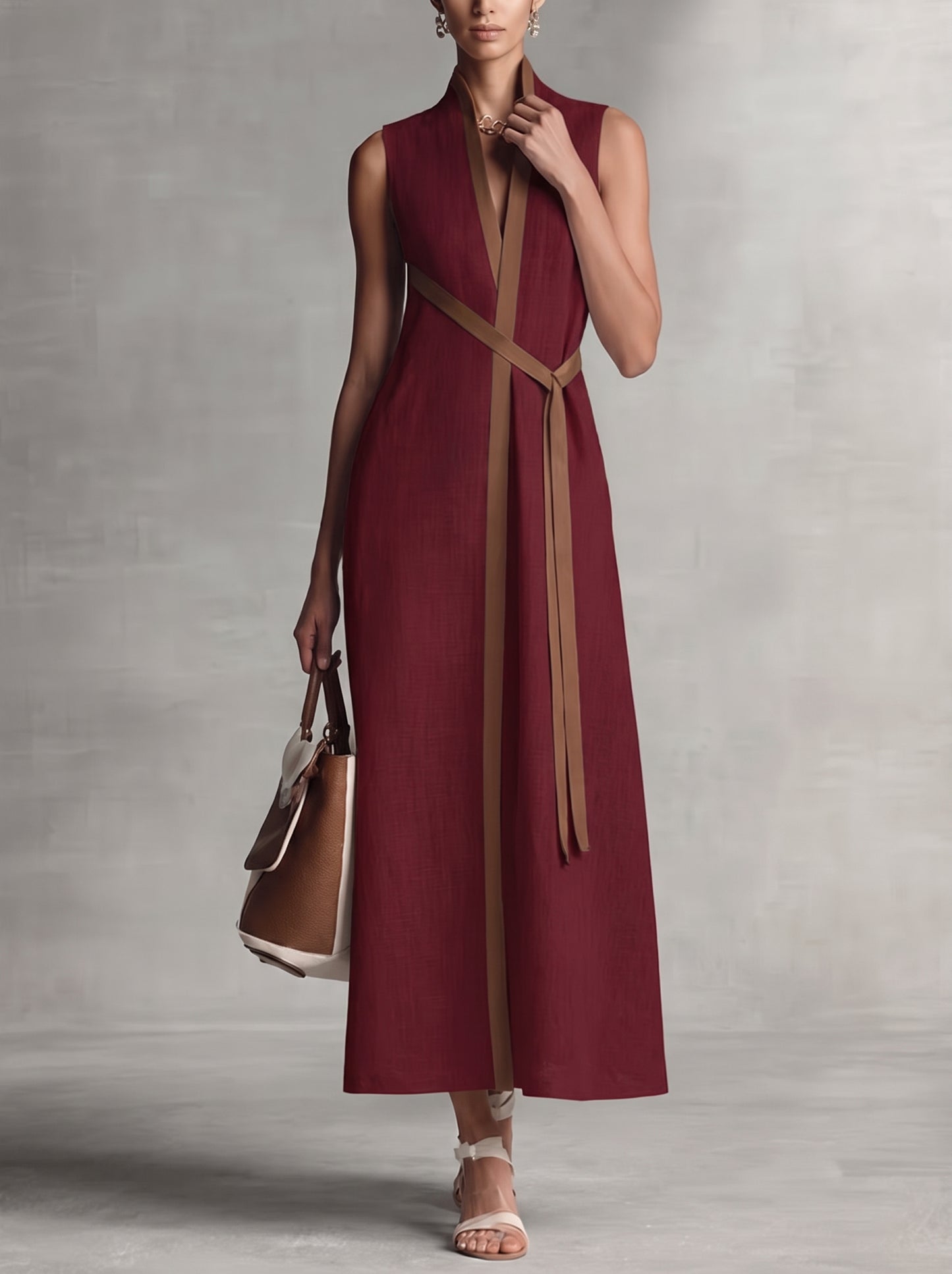 Women's Sleeveless Maxi Dress with V-Neck, Contrast Trim and A-Line Silhouette