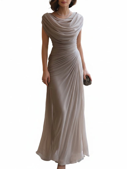 Women's Sleeveless Maxi Evening Dress with Cowl Neck and Ruched Bodice