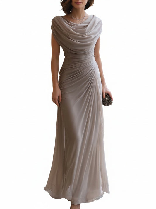 Women's Sleeveless Maxi Evening Dress with Cowl Neck and Ruched Bodice