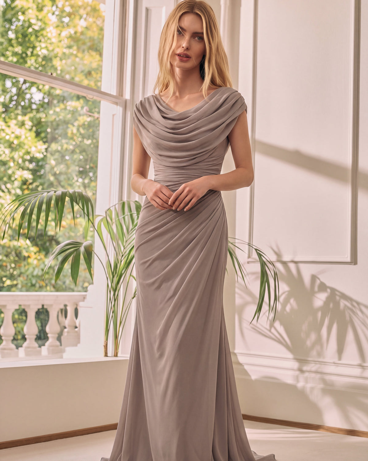 Women's Sleeveless Maxi Evening Dress with Cowl Neck and Ruched Bodice