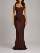 Women's Sleeveless Maxi Evening Gown with Corset Bodice and Draped Waist