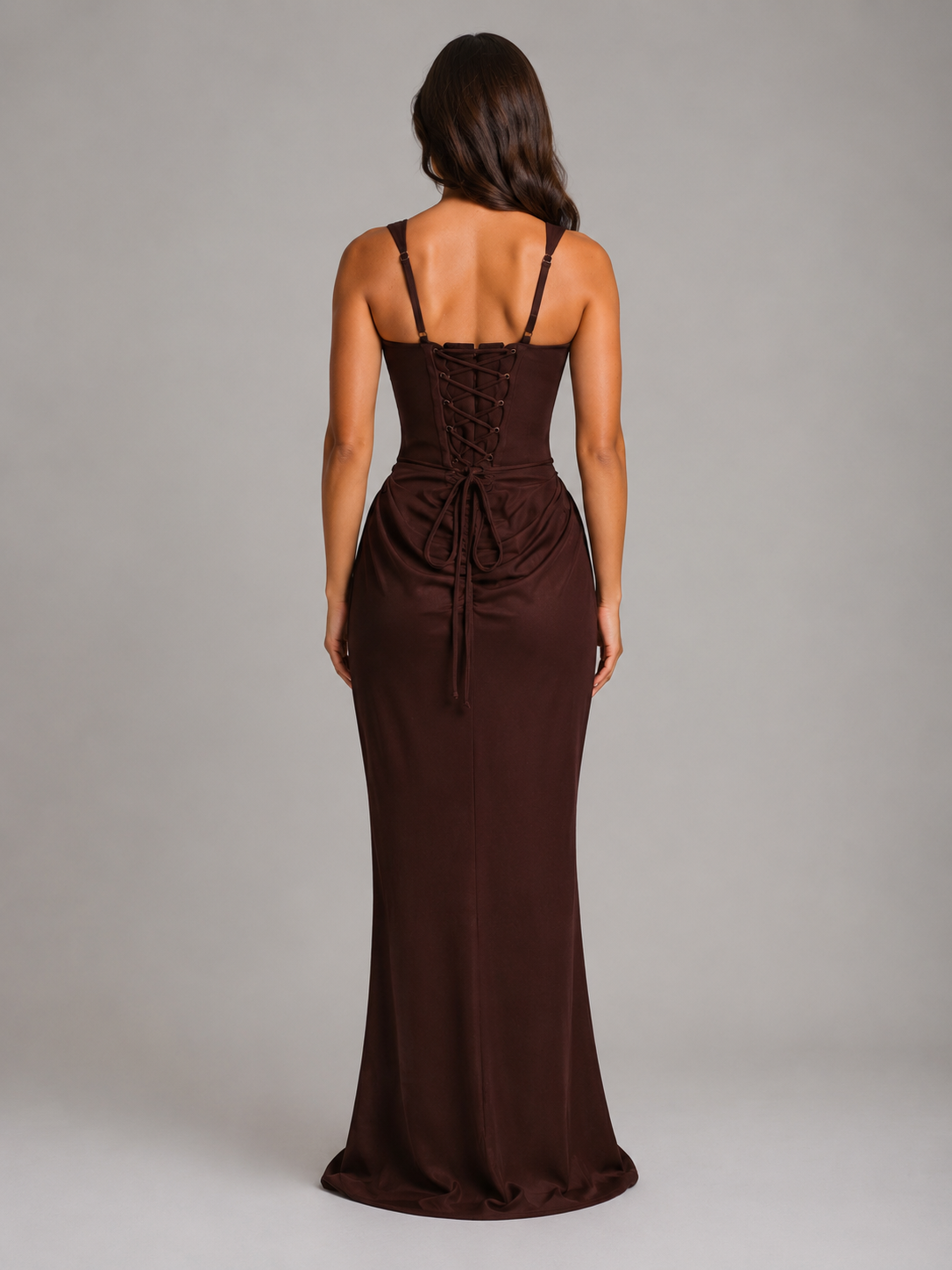 Women's Sleeveless Maxi Evening Gown with Corset Bodice and Draped Waist