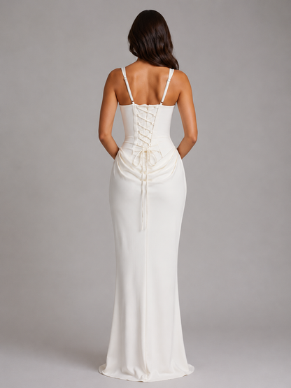 Women's Sleeveless Maxi Evening Gown with Corset Bodice and Draped Waist