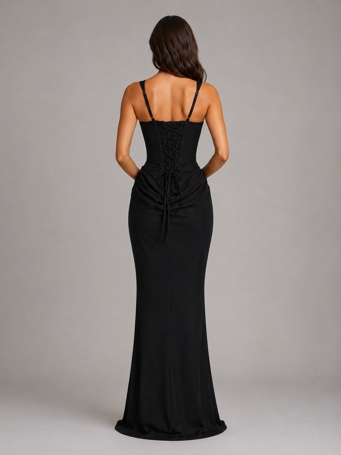 Women's Sleeveless Maxi Evening Gown with Corset Bodice and Draped Waist
