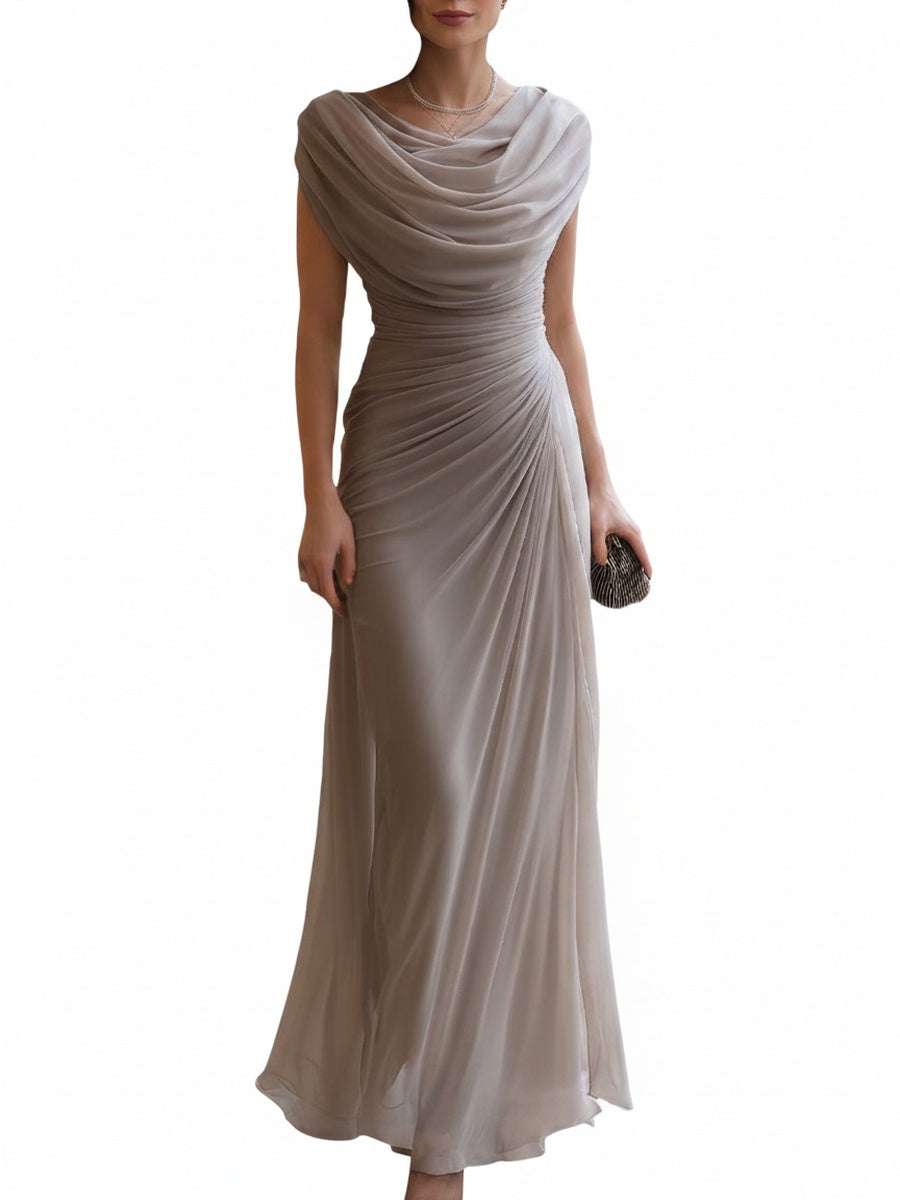 Women's Sleeveless Maxi Evening Gown with Cowl Neck and Ruched Drape