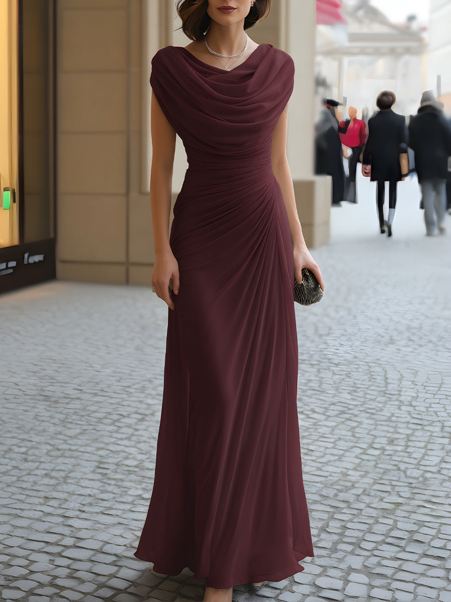 Women's Sleeveless Maxi Evening Gown with Cowl Neck and Ruched Drape