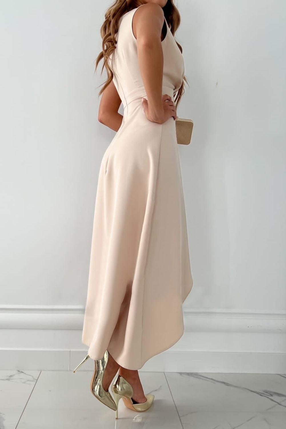 Women's Sleeveless Midi Dress with Deep V-Neck and Asymmetric Ruffle Hem