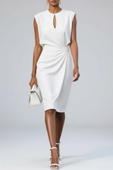 Women's Sleeveless Midi Dress with Keyhole Neckline and Ruched Waist