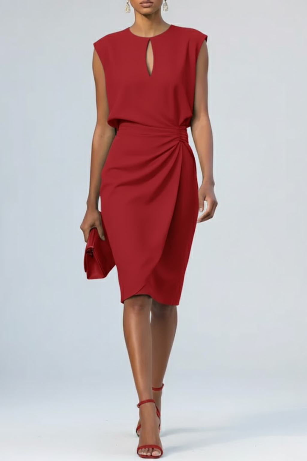 Women's Sleeveless Midi Dress with Keyhole Neckline and Ruched Waist