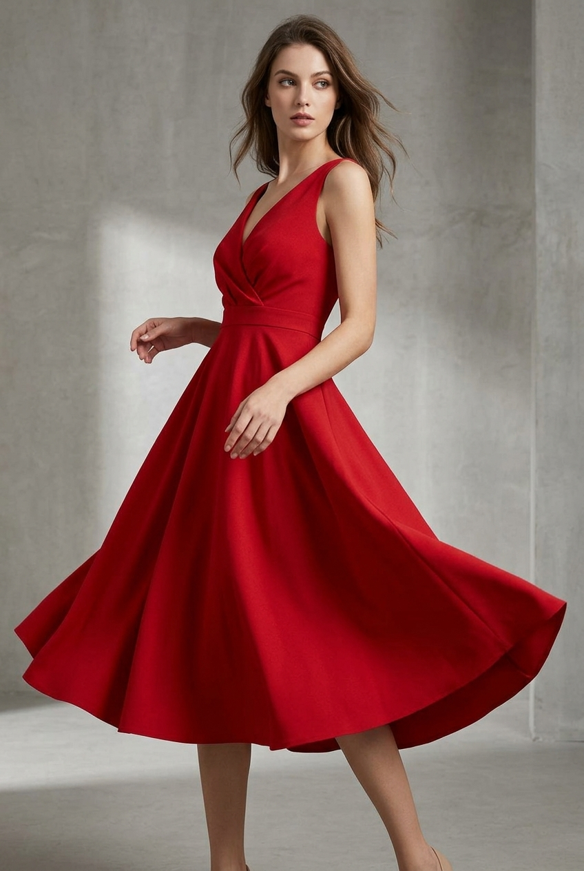 Women's Sleeveless Midi Dress with V-Neck and A-Line Skirt