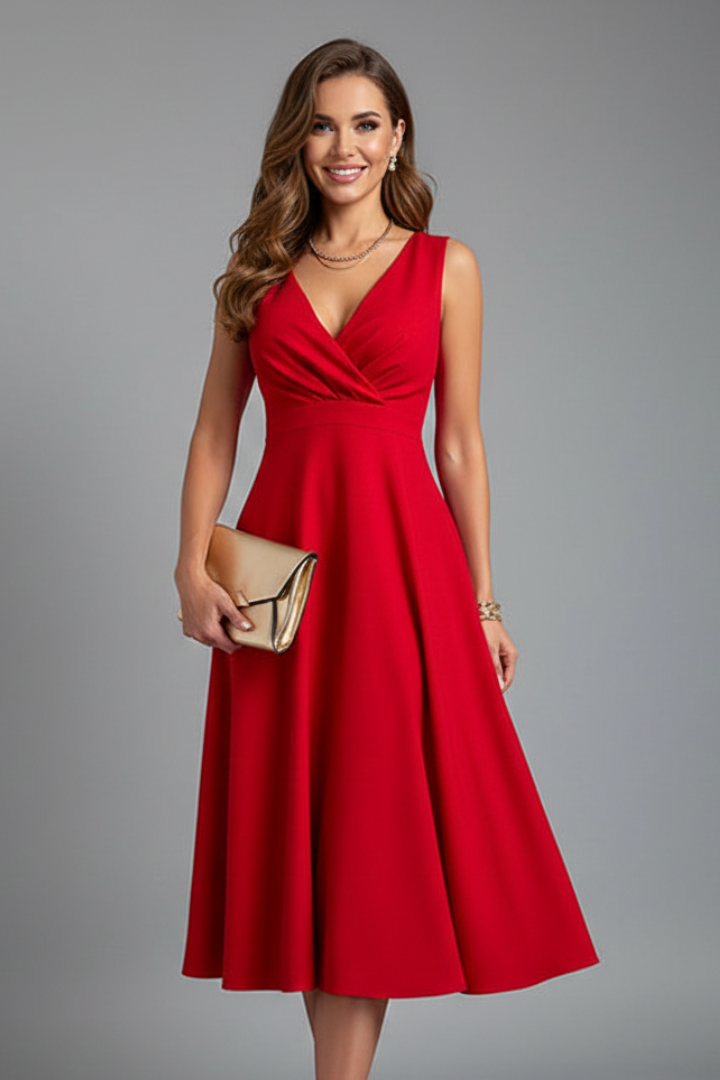 Women's Sleeveless Midi Dress with V-Neck and A-Line Skirt