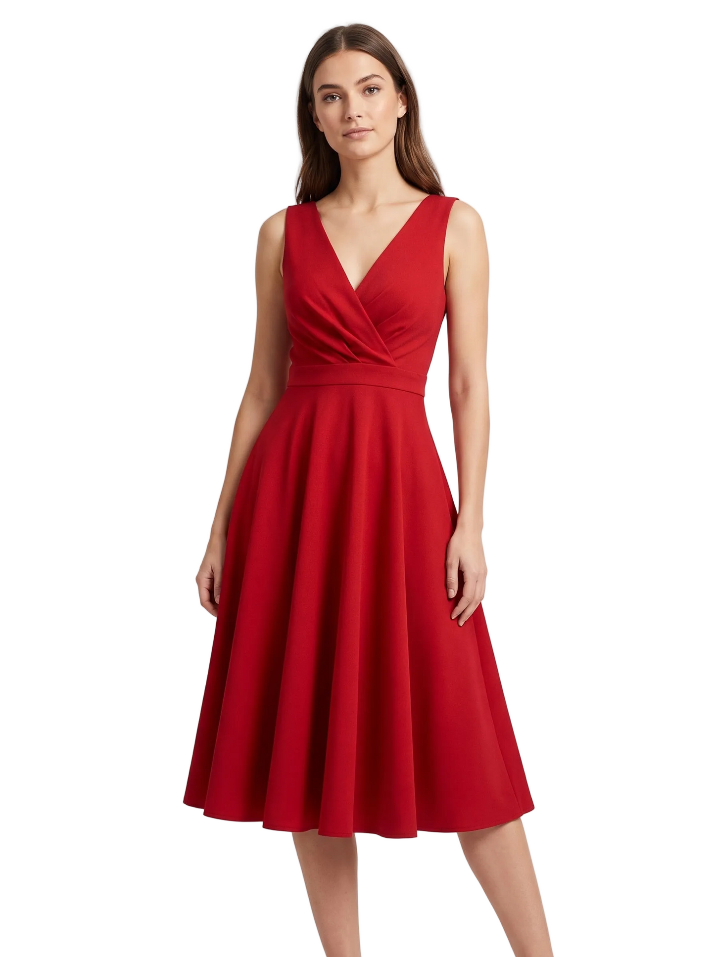 Women's Sleeveless Midi Dress with V-Neck and A-Line Skirt