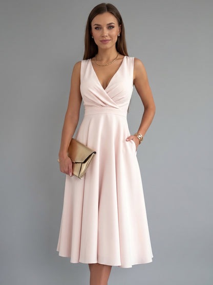 Women's Sleeveless Midi Dress with V-Neck and A-Line Skirt