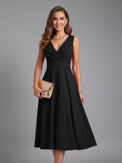 Women's Sleeveless Midi Dress with V-Neck and A-Line Skirt