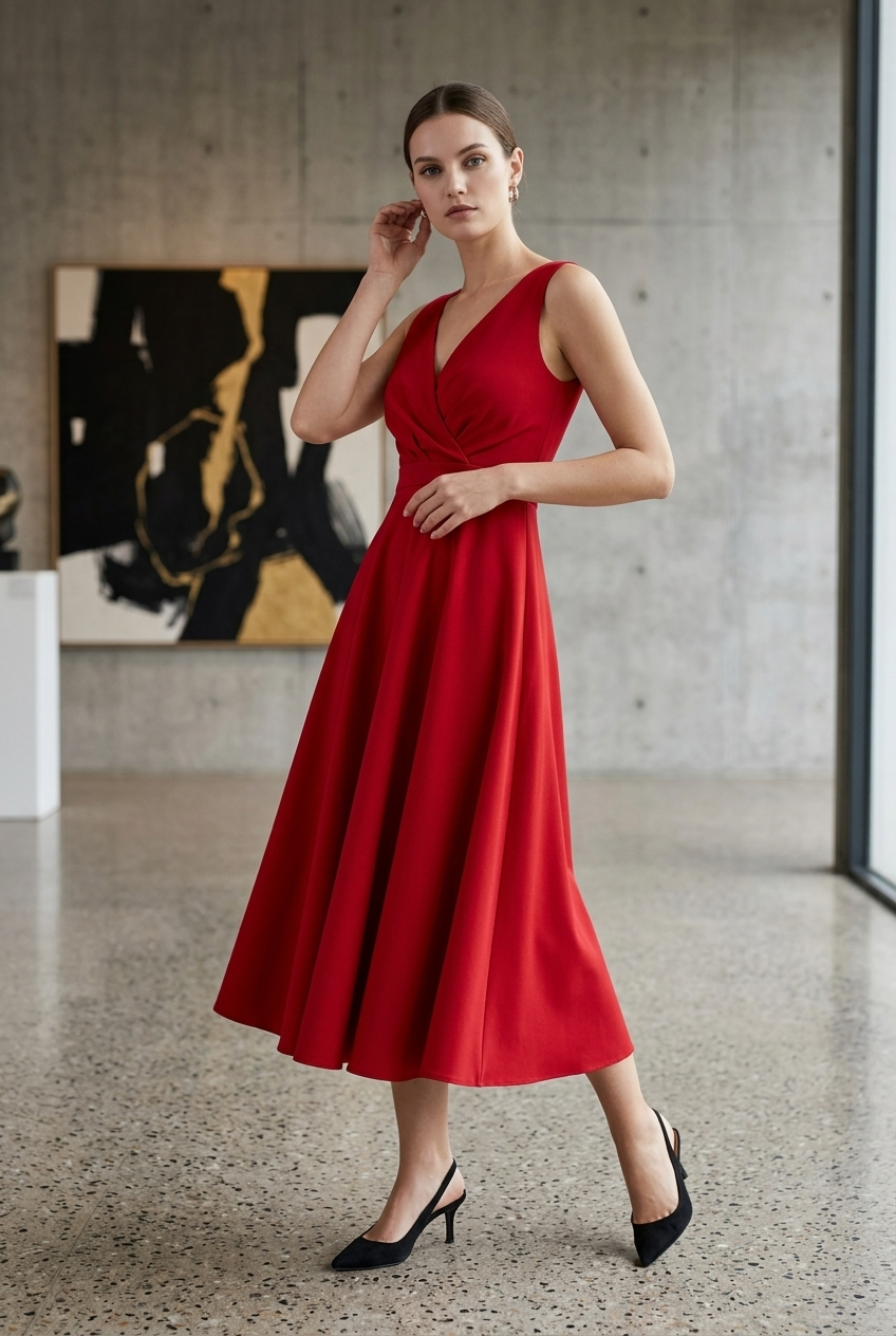 Women's Sleeveless Midi Dress with V-Neck and A-Line Skirt