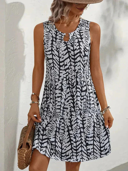 Women's Sleeveless Mini Dress with Abstract Print and Keyhole Neckline