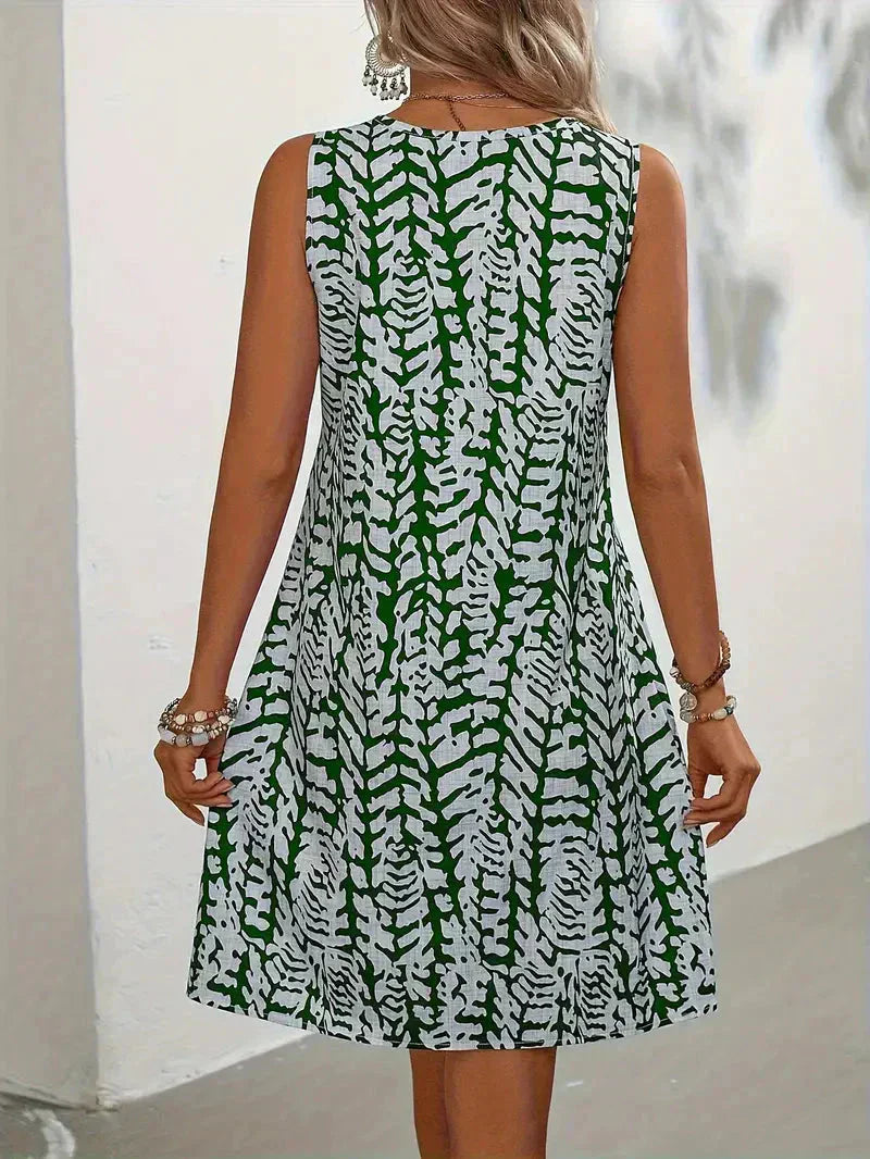 Women's Sleeveless Mini Dress with Abstract Print and Keyhole Neckline