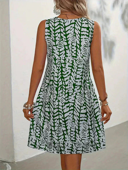Women's Sleeveless Mini Dress with Abstract Print and Keyhole Neckline