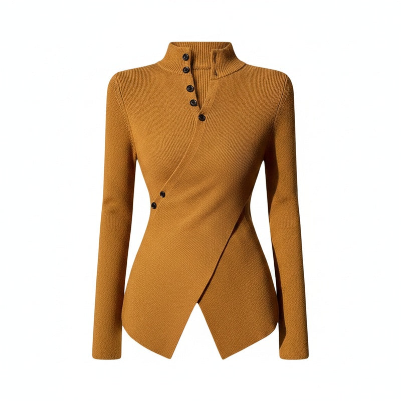 Women's Slim Fit Sweater with Mock Neck, Long Sleeves and Asymmetric Hem