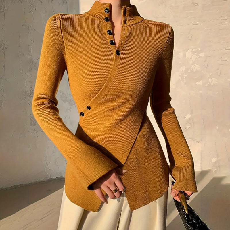 Women's Slim Fit Sweater with Mock Neck, Long Sleeves and Asymmetric Hem