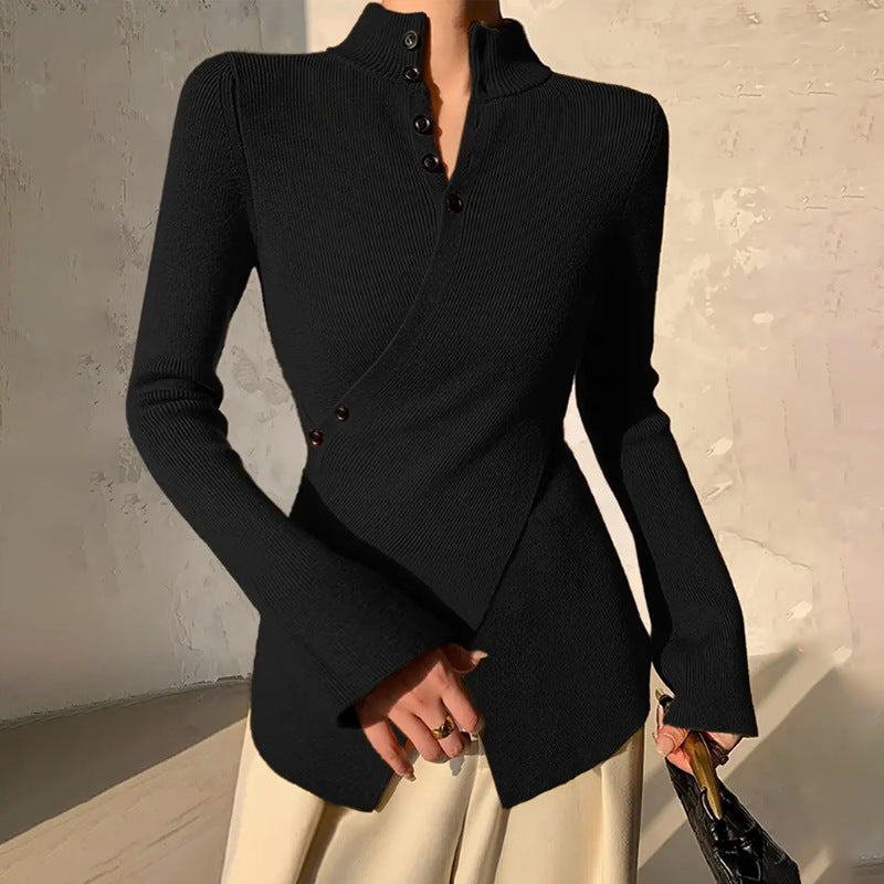 Women's Slim Fit Sweater with Mock Neck, Long Sleeves and Asymmetric Hem
