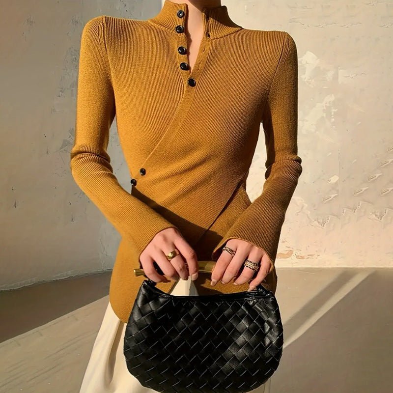 Women's Slim Fit Sweater with Mock Neck, Long Sleeves and Asymmetric Hem
