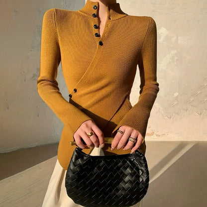 Women's Slim Fit Sweater with Mock Neck, Long Sleeves and Asymmetric Hem