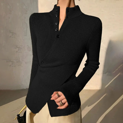 Women's Slim Fit Sweater with Mock Neck, Long Sleeves and Asymmetric Hem
