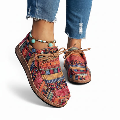 Women's Sneakers with Ethnic Print and Lace-Up Flat Platform
