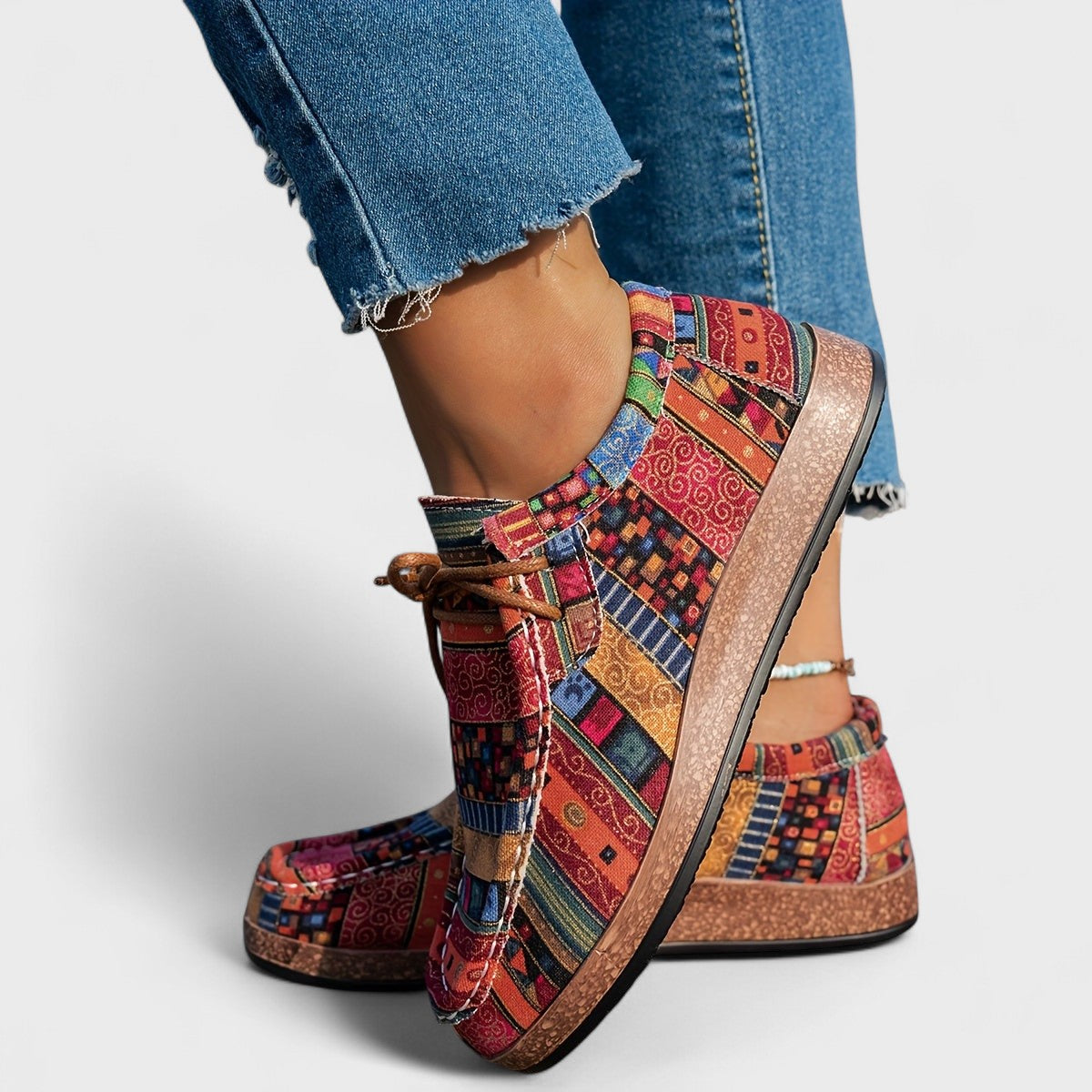 Women's Sneakers with Ethnic Print and Lace-Up Flat Platform