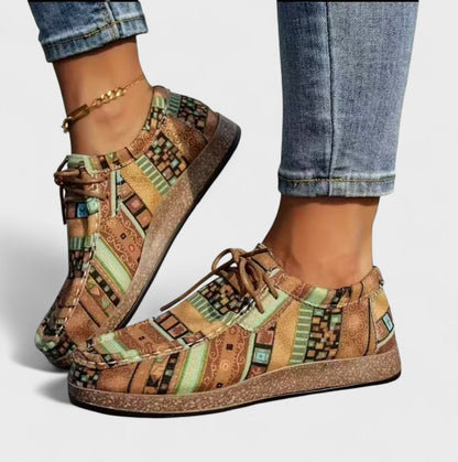 Women's Sneakers with Ethnic Print and Lace-Up Flat Platform