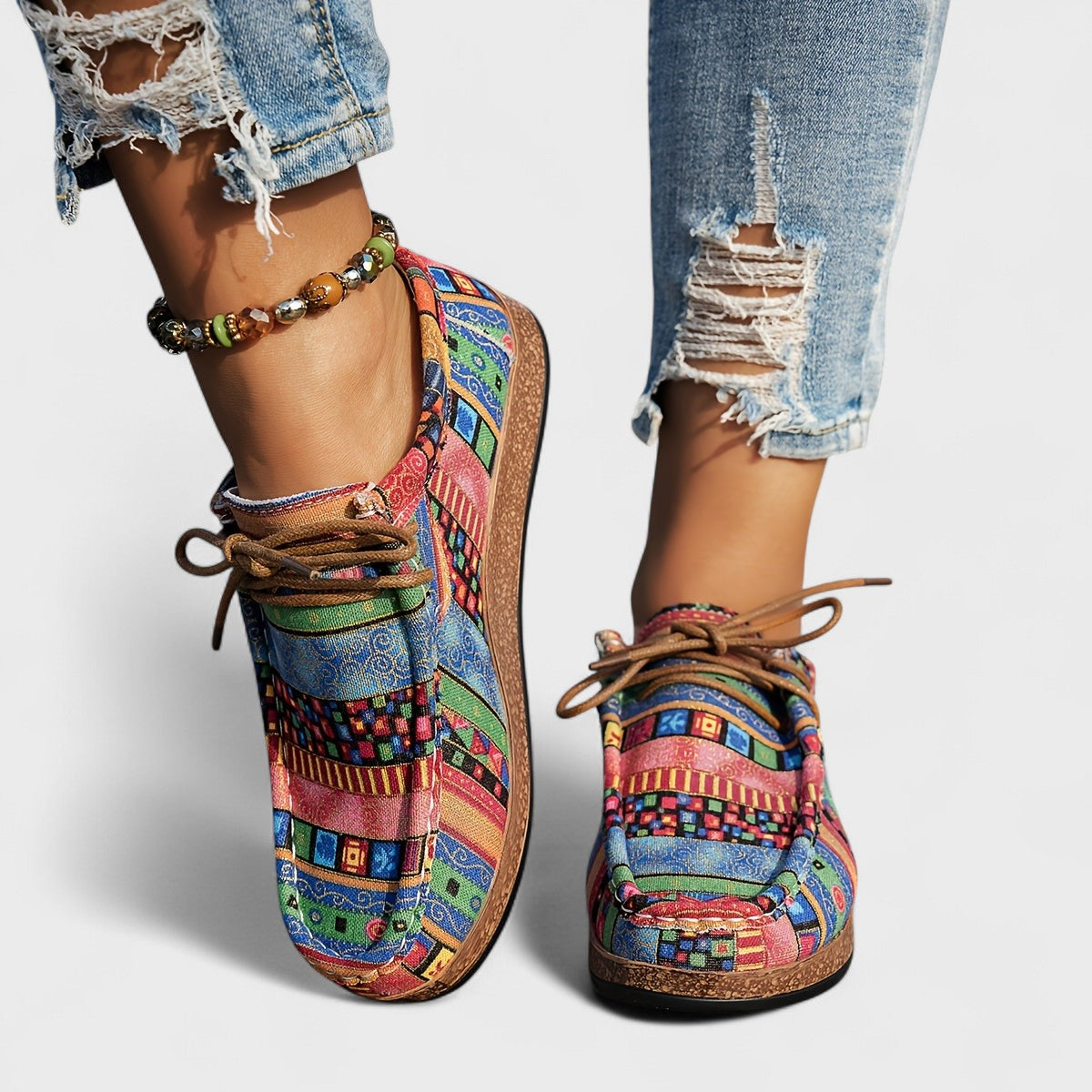 Women's Sneakers with Ethnic Print and Lace-Up Flat Platform