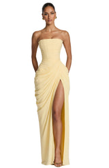 Women's Strapless Corset Maxi Dress with Draped Skirt and Thigh Split