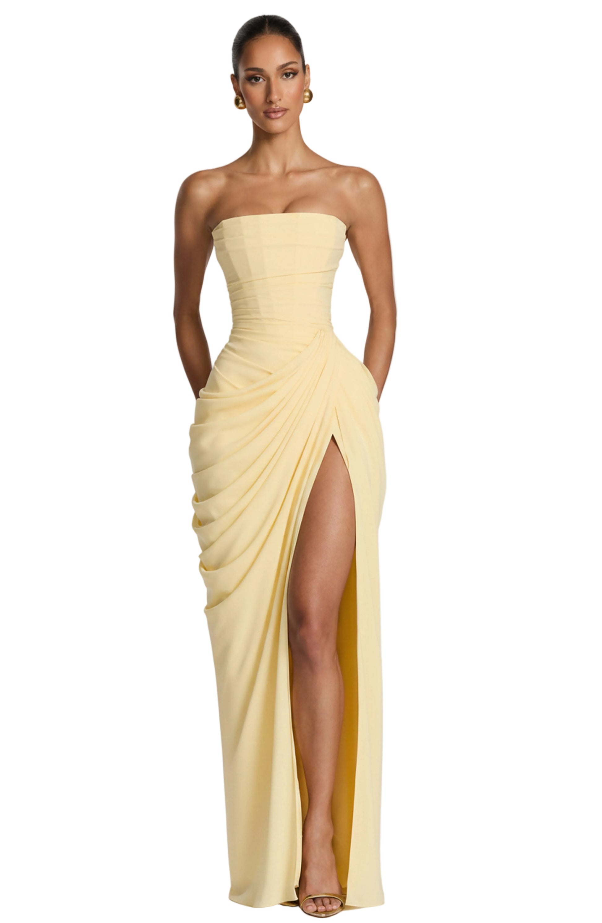 Women's Strapless Corset Maxi Dress with Draped Skirt and Thigh Split