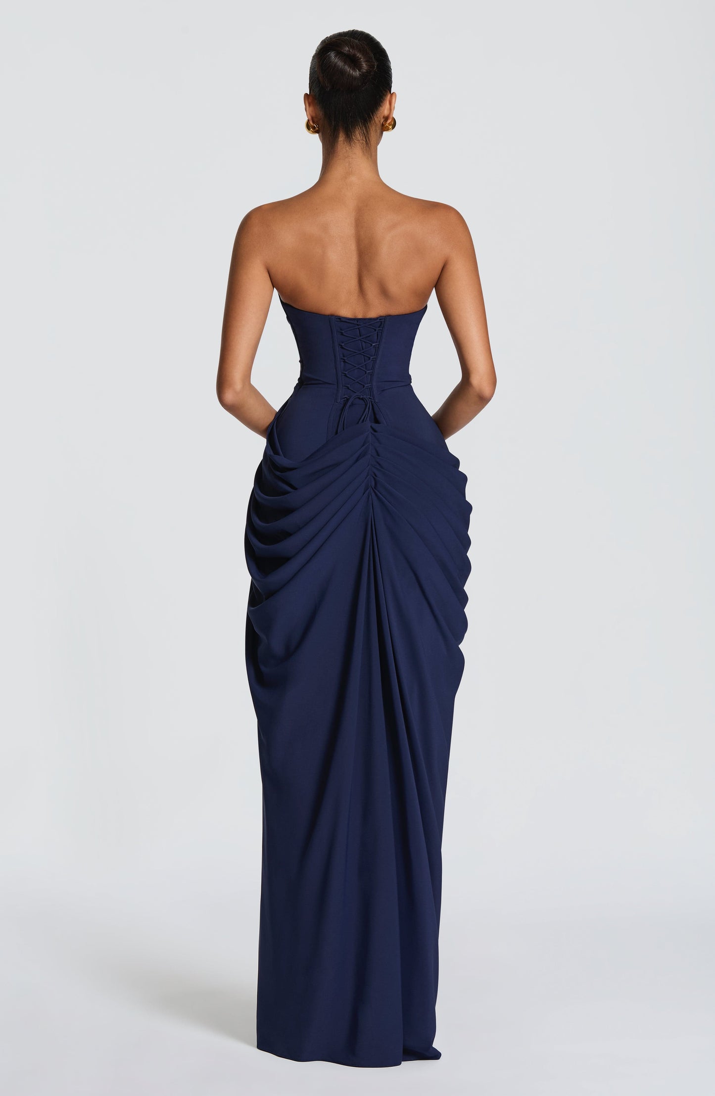 Women's Strapless Corset Maxi Dress with Draped Skirt and Thigh Split