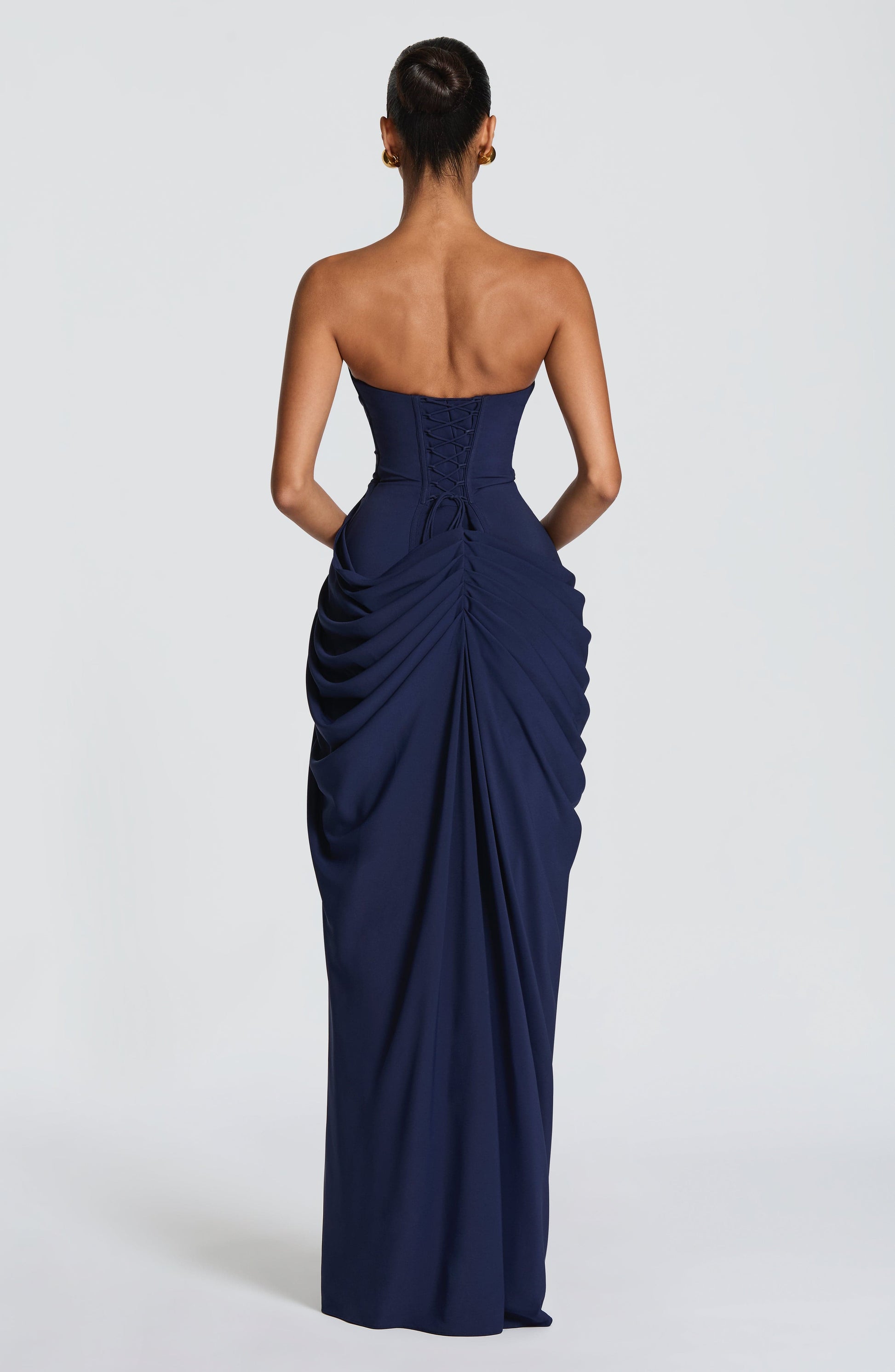Women's Strapless Corset Maxi Dress with Draped Skirt and Thigh Split