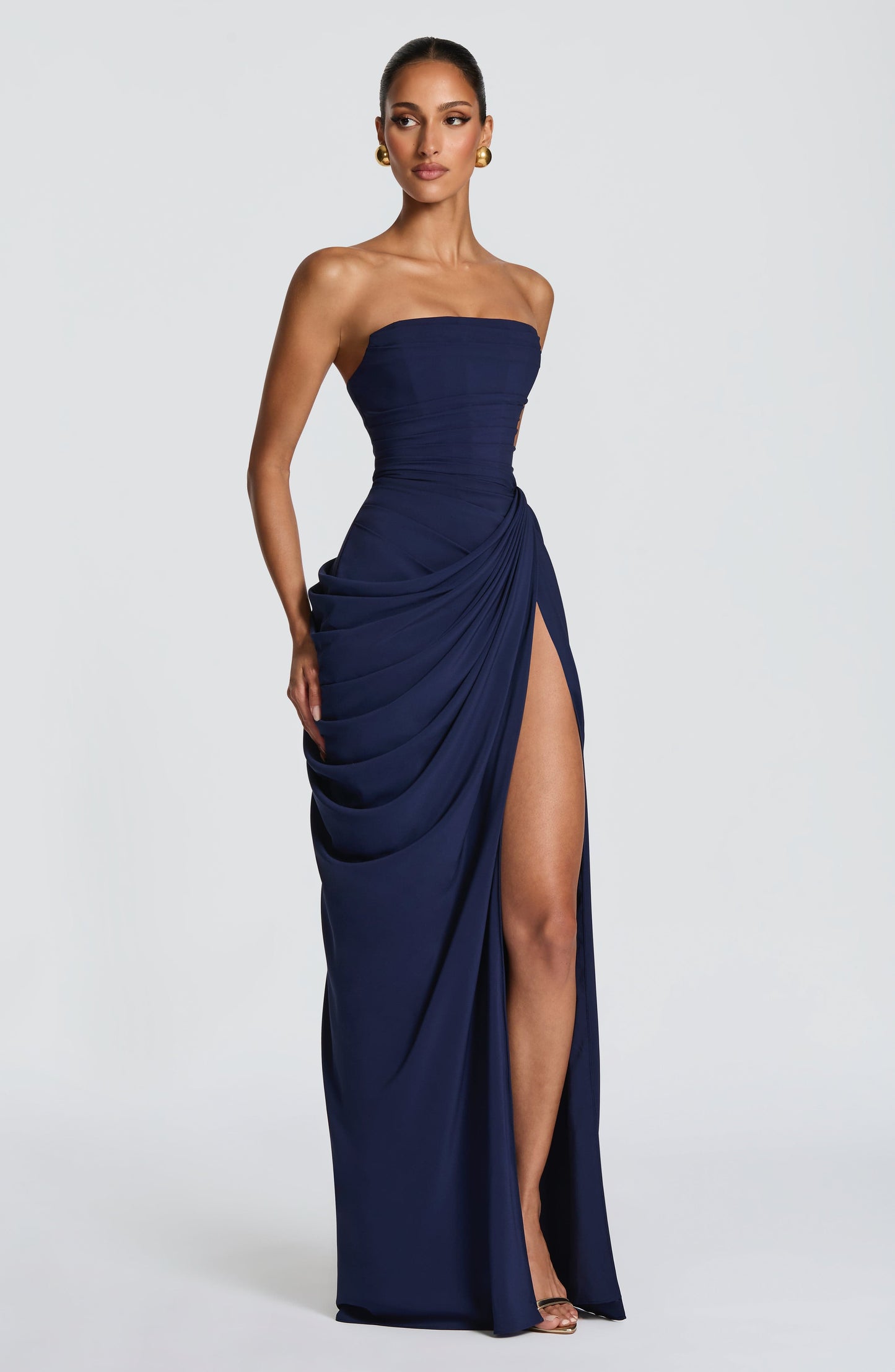 Women's Strapless Corset Maxi Dress with Draped Skirt and Thigh Split