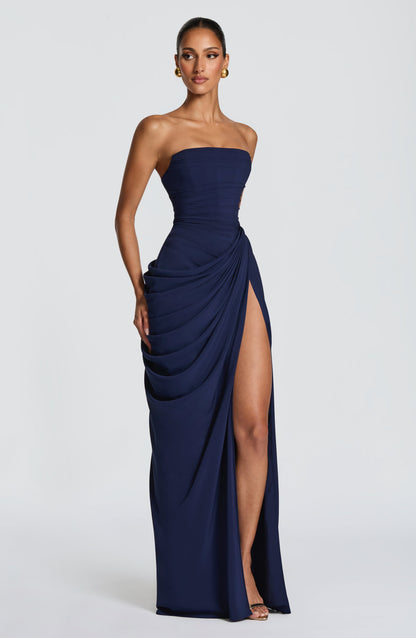 Women's Strapless Corset Maxi Dress with Draped Skirt and Thigh Split