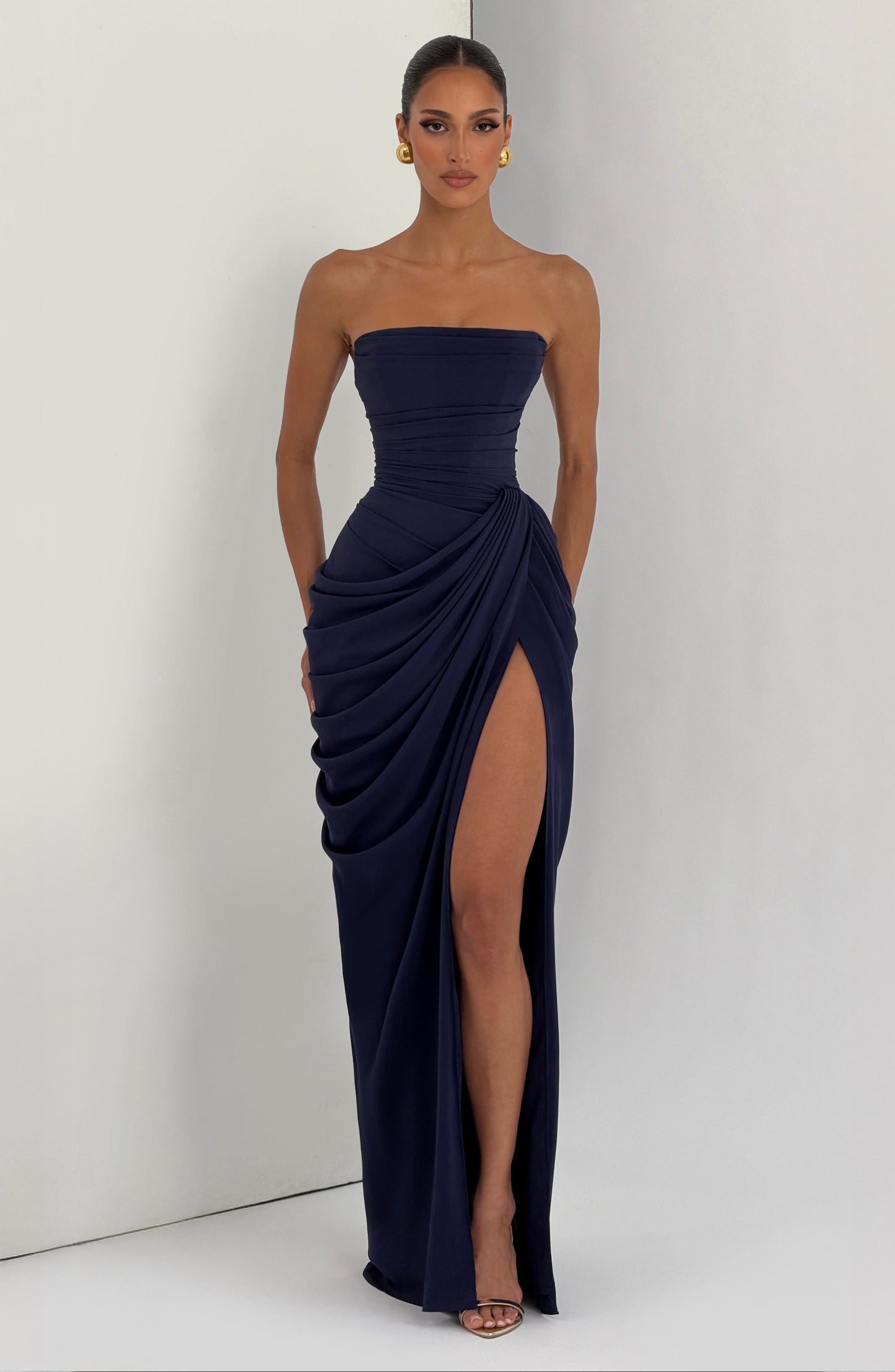Women's Strapless Corset Maxi Dress with Draped Skirt and Thigh Split