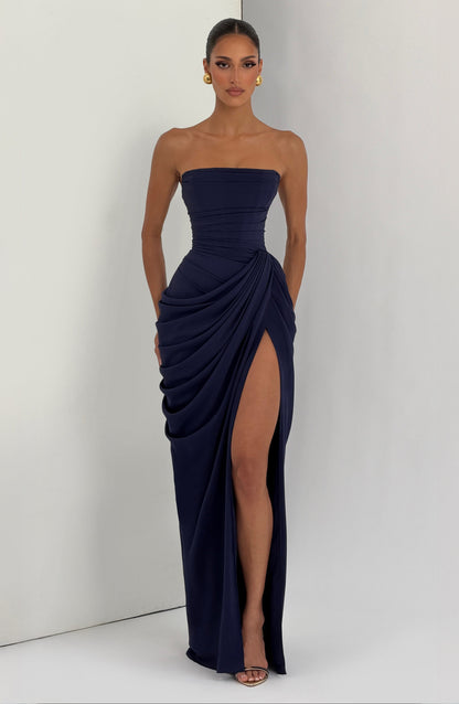 Women's Strapless Corset Maxi Dress with Draped Skirt and Thigh Split