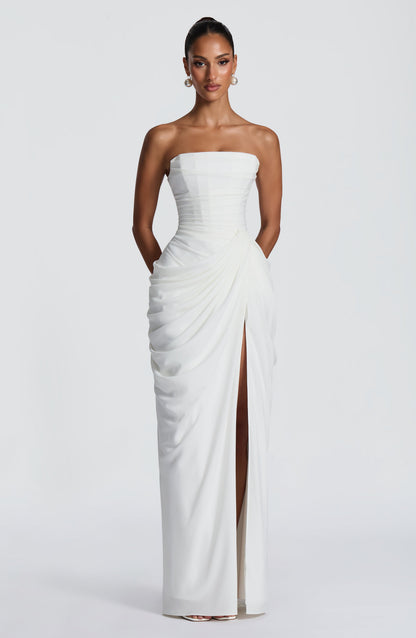 Women's Strapless Corset Maxi Dress with Draped Skirt and Thigh Split
