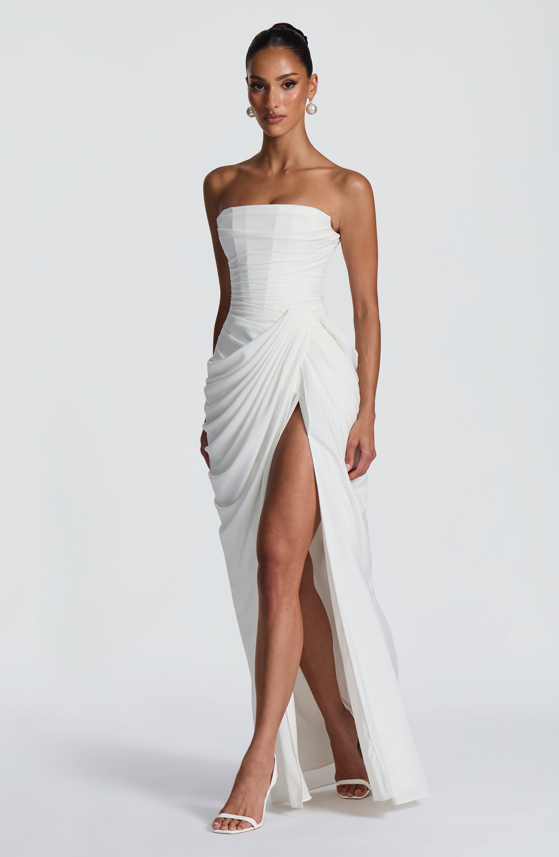 Women's Strapless Corset Maxi Dress with Draped Skirt and Thigh Split