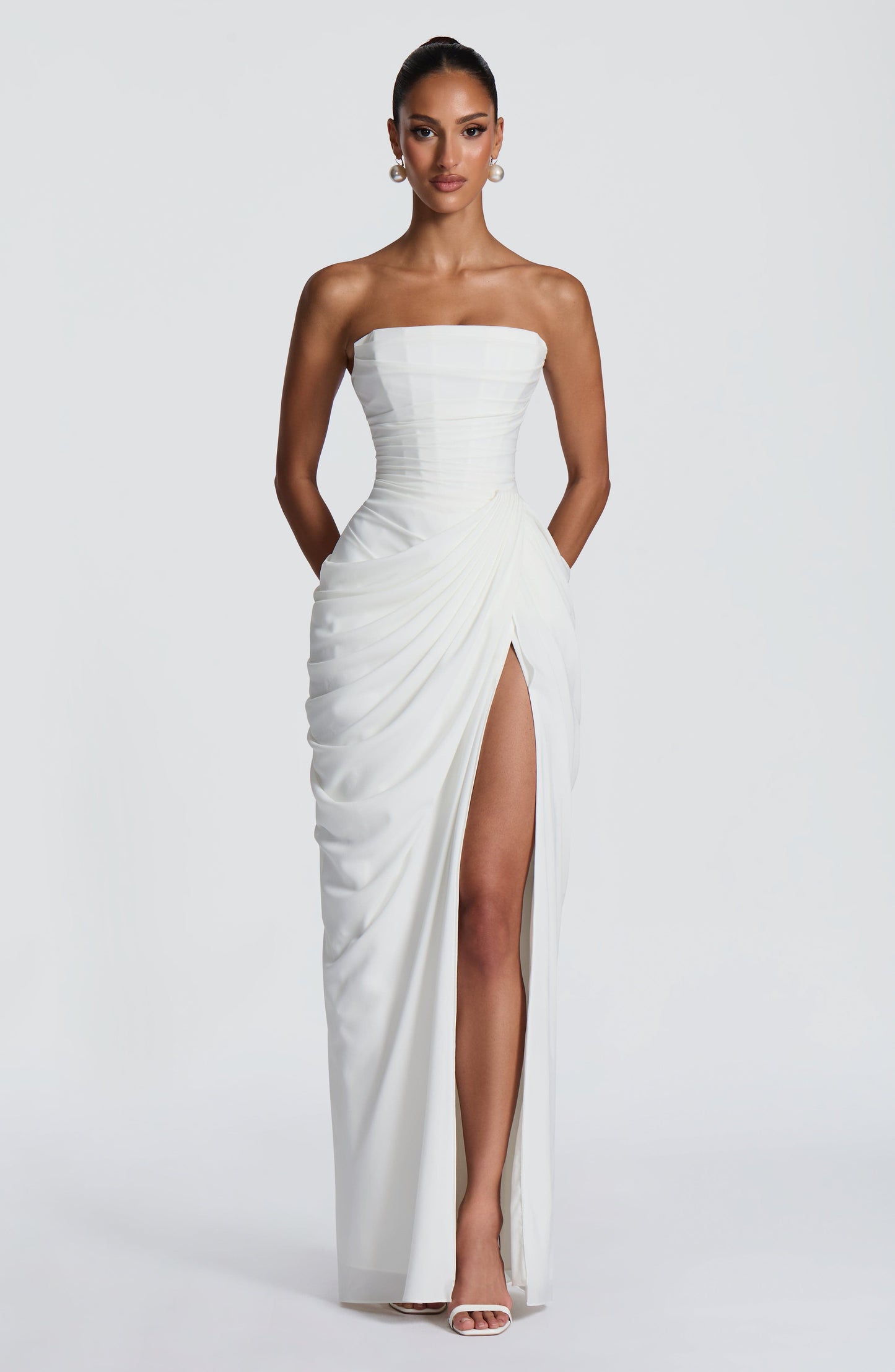 Women's Strapless Corset Maxi Dress with Draped Skirt and Thigh Split