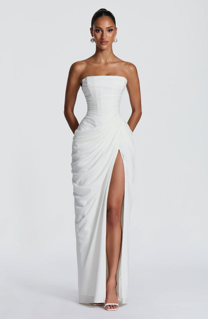 Women's Strapless Corset Maxi Dress with Draped Skirt and Thigh Split